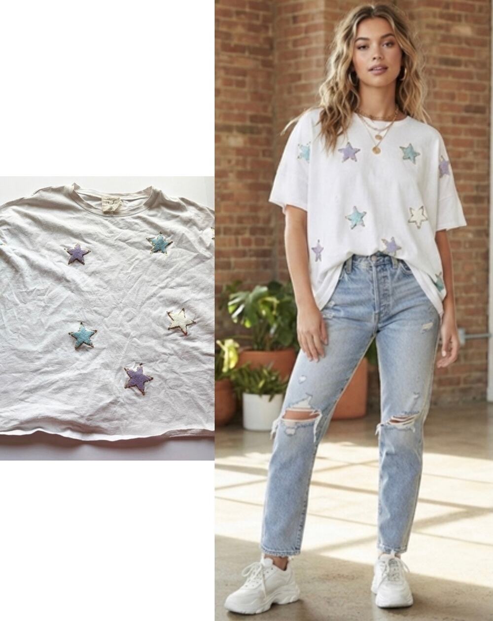 Fantastic Fawn White Oversized Tee Chenille Sequin Stars Size M